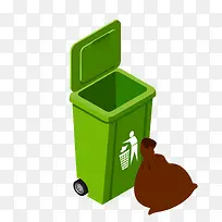 绿色垃圾桶和咖啡色垃圾袋
