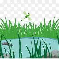绿色唯美清新池塘插画