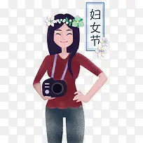 妇女节手绘卡通摄影师人物插画