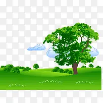 卡通手绘草地上翠绿茂盛树木风景