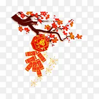 红色中国风花枝鞭炮装饰图案