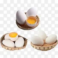 三只竹筐装白色土鸭蛋