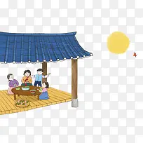 夜晚凉亭吃饭的一家人