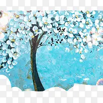 油画创意合成蓝色的花卉树木