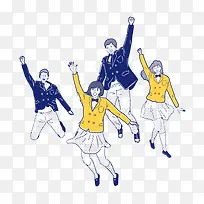 手绘五四青年节跳跃的青年学生
