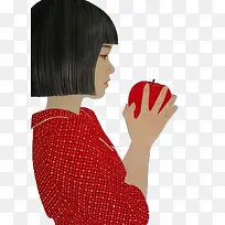 手绘拿着苹果的女孩