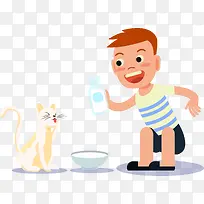 小孩给猫咪喂牛奶插画设计