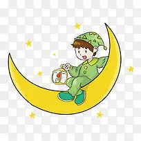 卡通月亮上穿着绿色睡衣的儿童插