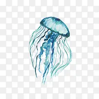 蓝色手绘水彩水母png