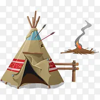 野营帐篷和火把卡通图