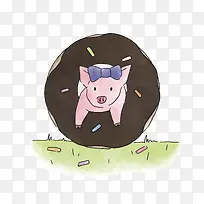 卡通手绘甜甜圈的小猪