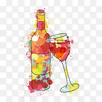 水彩绘葡萄酒和酒杯矢量图