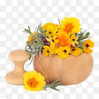木质花盆里的黄色小花朵