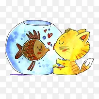 黄色猫咪拥抱鱼缸和鱼亲吻