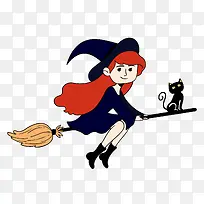 卡通可爱万圣节女巫扫帚黑猫