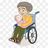 坐在轮椅上的老人抱着小宝宝