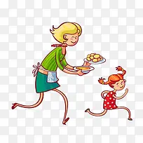 卡通跑着上菜的厨娘和小女孩