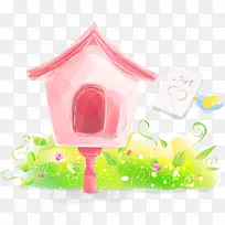 粉色房子与绿色植物