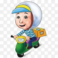卡通小男孩骑着绿色小电瓶车