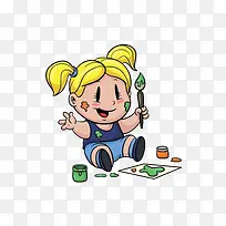 卡通坐在地上画画的小女孩素材