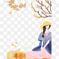 免抠手绘秋季树下站立的女孩