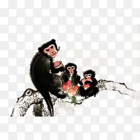 中国风水墨画三只猴子抱桃坐树干