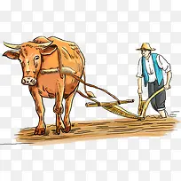黄牛带着农具在黄土地拉着农民耕