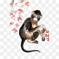 中国风水墨画红叶猴子插画免抠