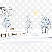 雪地里的栏栅和小树
