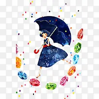撑伞踩着糖果的女孩