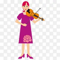 卡通手绘紫色裙子拉小提琴女孩