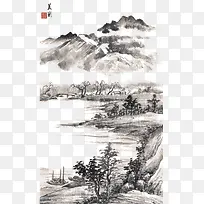 古典精致中国风山水墨画免抠素材