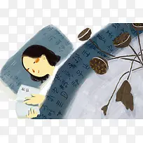 中国风手绘装饰插图睡着的女孩
