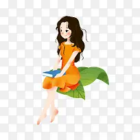 手绘唯美看书的少女插画