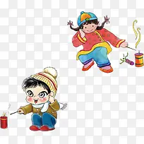 新年卡通放鞭炮小孩