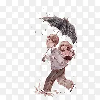 手绘撑伞的父亲插画免抠