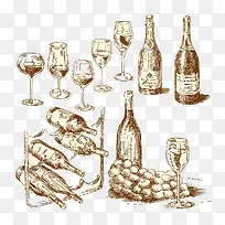 欧式复古手绘葡萄酒红酒素描