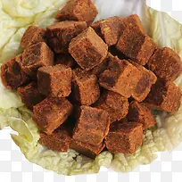 菜叶上的肉脯肉粒