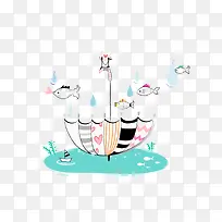 可爱水彩插图梦幻插画雨伞与小鱼