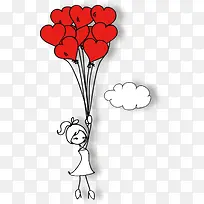 卡通红色爱心气球手绘云朵