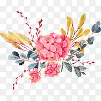 手绘粉红色花朵彩色叶子插画