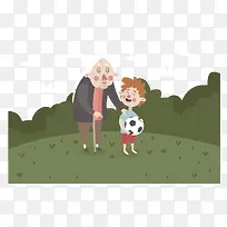 草地的老奶奶和踢球的男孩子