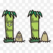 卡通可爱绿色竹子和旁边出土的竹
