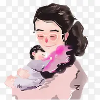 手绘水墨风格母亲节亲子插图抱着
