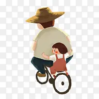 手绘人物插图父亲节骑车带着女孩