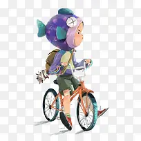 卡通骑自行车小男生