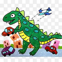 卡通手绘恐龙拿着汽车