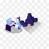 手绘快递办公加班女子插画矢量图