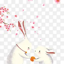 中秋节樱花下两只兔子吃月饼