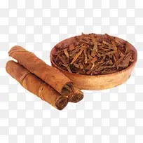 木碗里的干烟叶和卷好的香烟实物